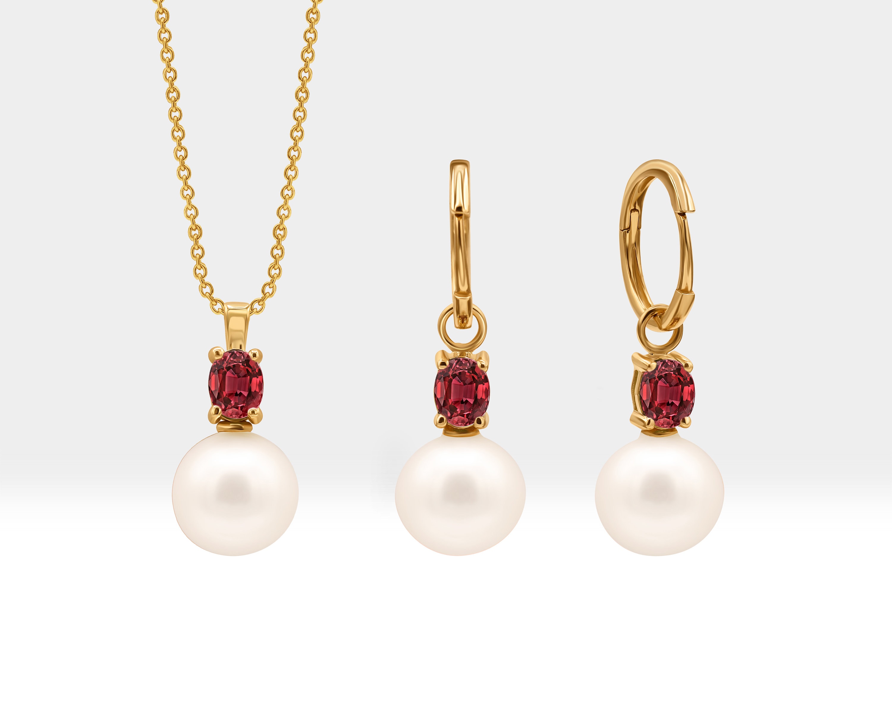 Pearl Necklace with Oval Ruby Set in 14K Solid Gold Bridal Jewelry Set of Pearl Necklace and Earrings Dangle Hoops for Wedding | LS00006PR