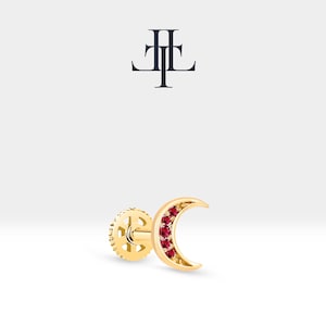 Cartilage Piercing Moon with Ruby in 14K Yellow-White-Rose Solid Gold,16G(1.2mm),8mm Bar Length,LP00034R