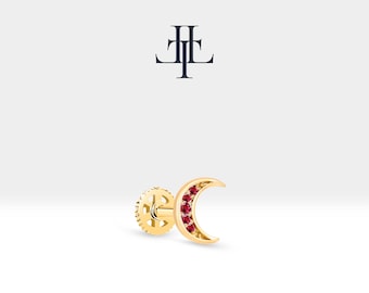 Cartilage Piercing Moon with Ruby in 14K Yellow-White-Rose Solid Gold,16G(1.2mm),8mm Bar Length,LP00034R