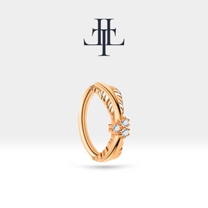 Cartilage Piercing,Leaf Design Diamond Clicker Piercing,Single Earring,14K Yellow Solid Gold,16G(1.2mm),12mm Outer Diameter, LC00004D