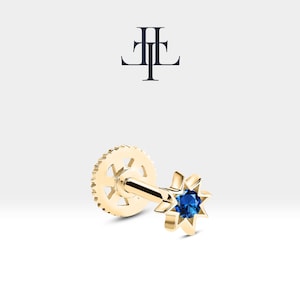 Piercing de cartilagem, brincos de estrela, piercing de safira com corte redondo, piercing de tragus em ouro maciço 14K, piercing de cartilagem 16G (1,2 mm), LP00016S