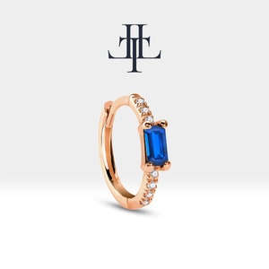 Huggies Earring,Baguette Cut Sapphire and Diamond Earlobe Earring,14K Yellow White Rose Solid Gold Earring,LE00022DS