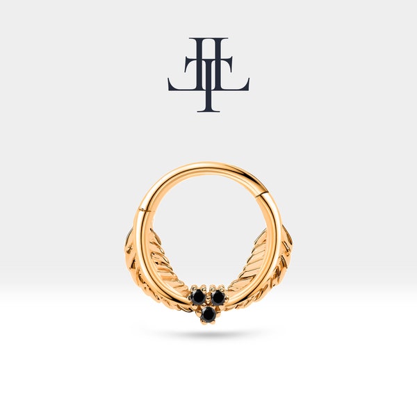 14K Gold Schwarz Diamant Daith Hoop 16G, Blattknorpel Clicker, Septum Piercing, Botanical Gothic Schmuck, dunkler Edelstein, 9 mm Fit Single
