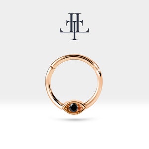 Evil Eye Cartilage Hoop Clicker with Black Diamond,Single Earring in 14K Solid Gold,16G(1.2mm)| LC00042B