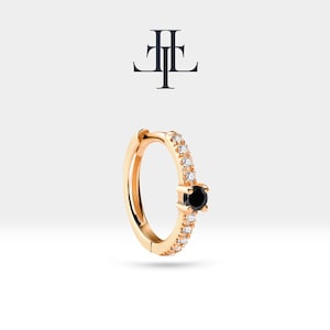 Huggies Earring,Black Diamond&Diamond Hoop Earring,14K Yellow-White-Rose Solid Gold Earlobe Earring,LE00004DB