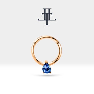 Cartilage Hoop with Pear Cut Sapphire Clicker Single Piercing Hoop in 14K Solid Gold Piercing 12 mm Outer | LC00011S