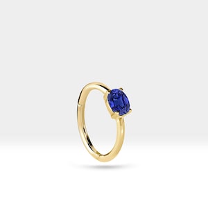 Cartilage Hoop Oval Blue Sapphire Earring Single-Pair Earring for Earlobe in 14K Yellow-White-Rose Solid Gold 16G(1.2mm),12mm Outer|LE00007S