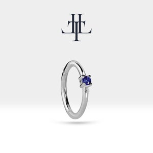 Cartilage Hoop Blue Sapphire Earring Single-Pair earlobe Earring in 14K Yellow-White-Rose Solid Gold Huggies Hoop 16G(1.2mm) | LE00001S