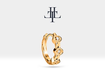Hoop Earring with Three Diamond,Bezel Setting Diamond Earring,14K White-Yellow-Rose Solid Gold,Single-Pair Earring,LE00011D