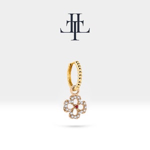 Brincos de argola delicados em forma de flor, pingente de flor de diamante e rubi, ouro amarelo sólido 14K, brinco de argola com haste de contas, LE00045DR