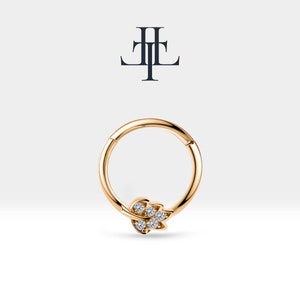 Cartilage Hoop,Round Cut Diamond Leafy Design Clicker,Single Earring,14K White-Yellow-Rose Solid Gold,18G,12mm Outer| LC00046D