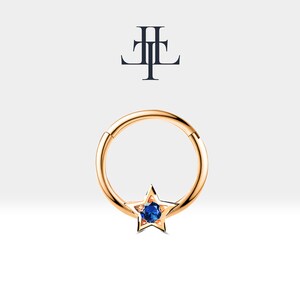 Star Piercing, Cartilage Hoop Clicker with Sapphire,Single Earrings,14K Yellow-White-Rose Solid Gold, Star Jewelry 16G(1.2mm)| LC00019S