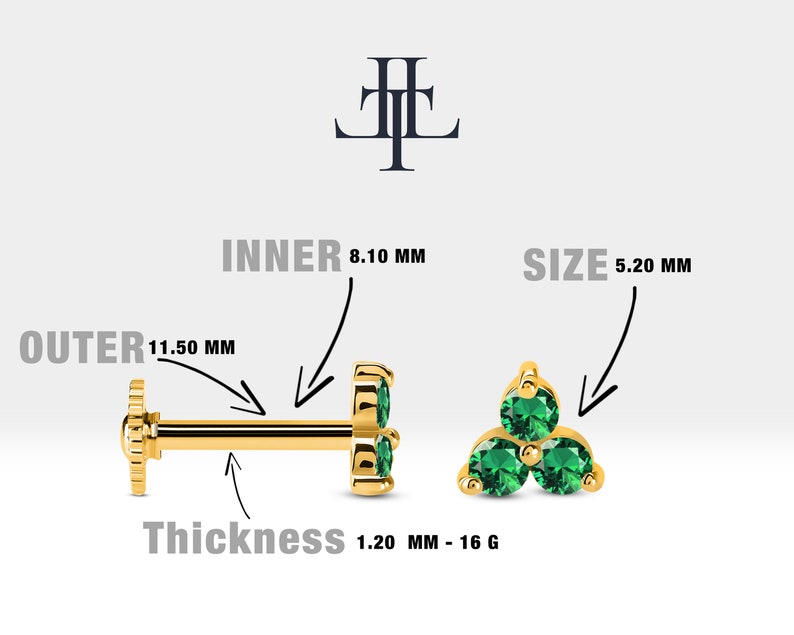 Cartilage Tragus Piercing with Round Cut Green Garnet Piercing in 14K White-Yellow-Rose Solid Gold 16G(1.2mm),8mm Bar Length,LP00021G image 2