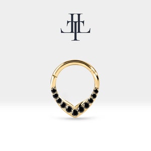 Cartilage Hoop Black Diamond Clicker Piercing, Drop Design Clicker, 14K Yellow Solid Gold,16G(1.2mm)| LC00049B