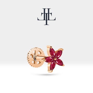 Star Tragus Piercing with Marquise Cut Ruby,Single Piercing in 14K Solid Gold,16G(1.2mm),8 mm Bar Length,LP00014R
