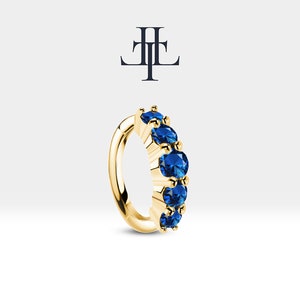 Cartilage Hoop Huggies Earring with Five Sapphire Earring in 14K Yellow Solid Gold Prong Setting Gold Earring | LE00005S