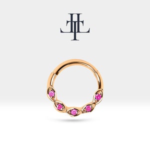 Cartilage Hoop Clicker-Five Pieces Round Cut Pink Ruby Clicker-14K Yellow Solid Gold Clicker-18G(1.0mm)10mm Clicker| LC00031R
