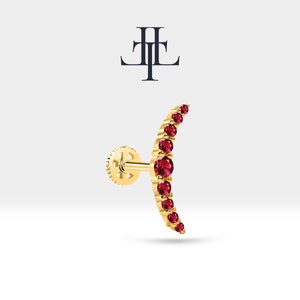 Mond Design Ohrstecker mit Rotem Rubin aus 14K Gold, 16G (1,2 mm), Stablänge 8 mm, LP00024R