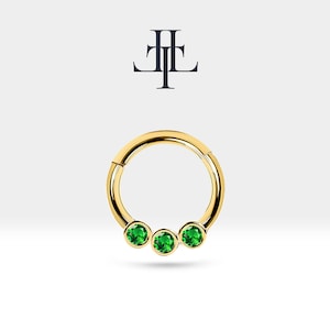 Argola para cartilagem, Trio de granada verde com corte redondo, Brinco único, Ouro maciço amarelo-branco-rosa 14K, 16G (1,2 mm), LC00005G