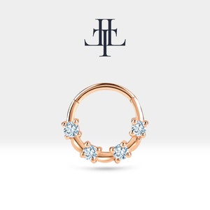 Brinco de cartilagem com quatro diamantes e piercing de clique, brinco único, ouro maciço amarelo, branco e rosa 14K, 16G (1,20 mm) | LC00009D