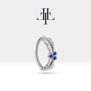 Cartilage Conch Leaf Design Sapphire Clicker Piercing,Single Earring in 14K Yellow White Rose Solid Gold,16G(1.2mm), LC00004S