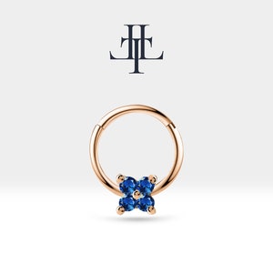 Cartilage Hoop Clicker,Four Round Cut Sapphire Clicker,Single Earring,14K Yellow-White-Rose Solid Gold,16G(1.2mm)10mm Outer| LC00015S