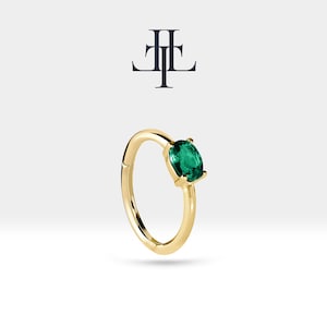 14K Solid Gold Earring with Oval Cut Emerald Earring Prong Set Hoop May Birthstone Earring 16G(1.2mm),LE00007SE