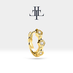 Hexagon Hoop Earrings,Bezel setting Diamond Lobe Earring in 14K Solid Gold,Daily Jewelry,LE00016D