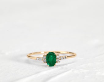 Straight Shank Oval Cut Emerald and Diamond Ring in 14K Yellow-White-Rose Solid Gold,Prong Setting Dainty Ring | LR00054DE