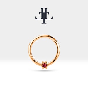 Cartilage Hoop Tiny Star Design Ruby Clicker Piercing , Single Earring , 14K Solid Gold , 12 mm Outer| LC00037R