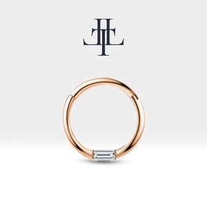 Cartilage Hoop Baguette Cut Diamond Clicker Single Piercing in 14K Yellow White Rose Solid Gold 16G(1.2mm) 10-12 mm Clicker| LC00016D