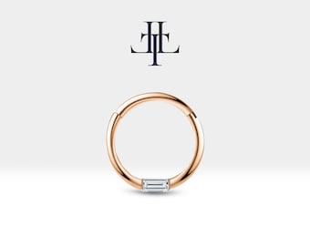 Cartilage Hoop Baguette Cut Diamond Clicker Single Piercing in 14K Yellow White Rose Solid Gold 16G(1.2mm) 10-12 mm Clicker| LC00016D