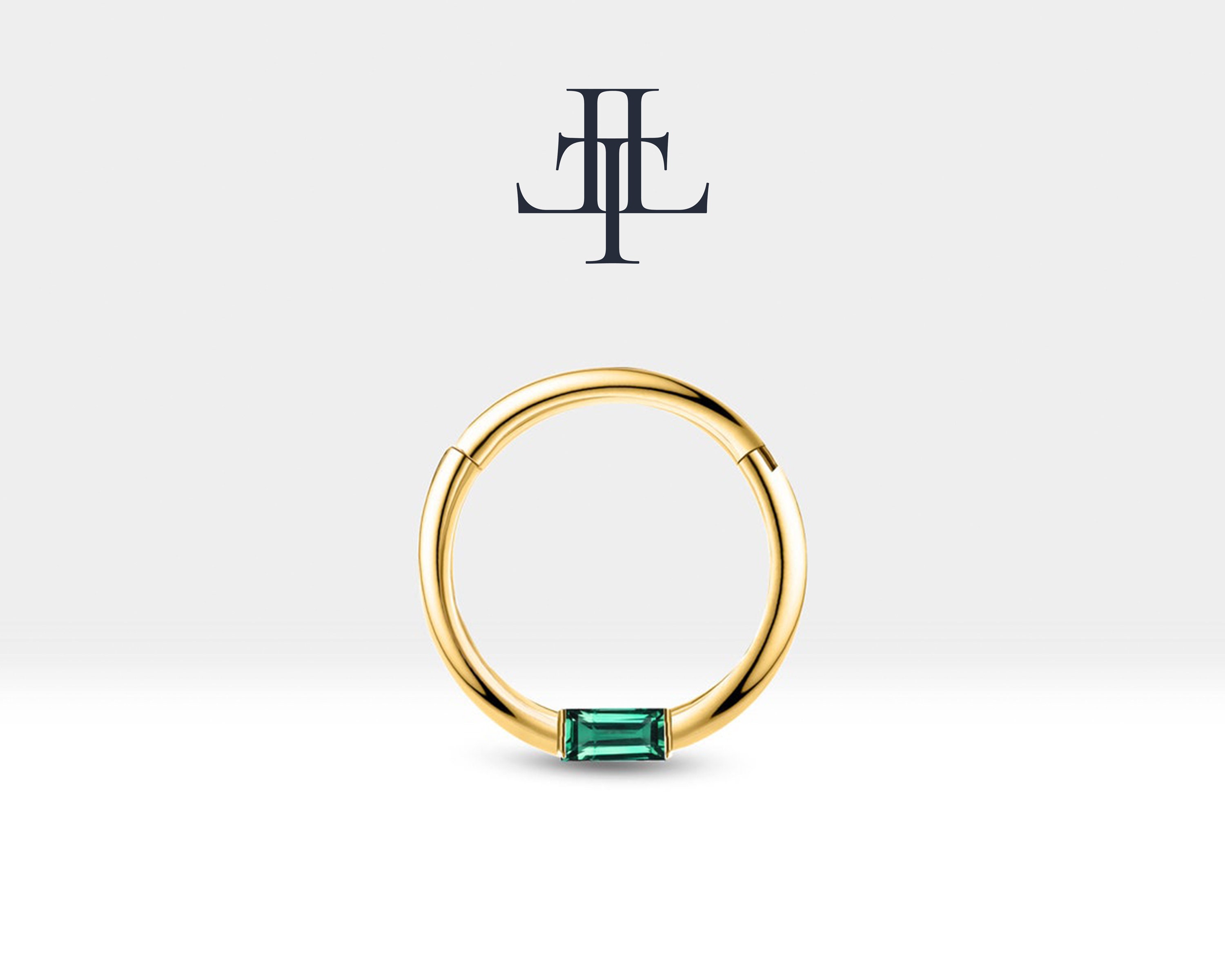 Cartilage Hoop Baguette Cut Emerald Clicker Piercing ,Single Earring ,14K Yellow White Rose Solid Gold ,16G(1.2mm)10-12 mm Clicker| LC00016E
