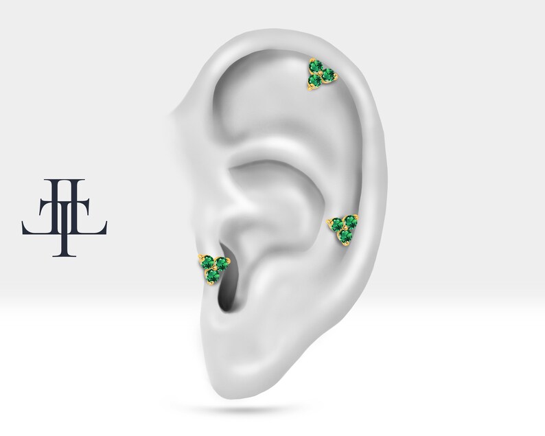 Cartilage Tragus Piercing with Round Cut Green Garnet Piercing in 14K White-Yellow-Rose Solid Gold 16G(1.2mm),8mm Bar Length,LP00021G image 9