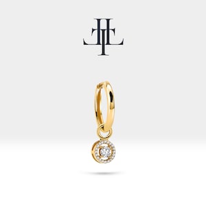 Huggie Hoop Earrings,Diamond Dangle Earring,14K Yellow Solid Gold,Earlobe Hoop Earring,Halo Setting Diamond Earring