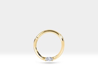 Cartilage Hoop with Marquise Diamond Daith Hoop Clicker Single Piercing in 14K Yellow-White-Rose Solid  Gold- 16G 10mm -12mm Outer| LC00028D