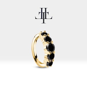 Cartilage Hoop Earring with Five Black Diamond Design Earring in 14K Yellow Solid Gold Earring,Prong Setting Gold Earring | LE00005B