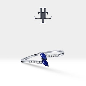 14K Yellow Solid Gold Ring,Marquise Cut Sapphire Ring with Diamond,Multi Stone Ring,Bypass Shank Ring,Dainty Ring,Wedding Ring
