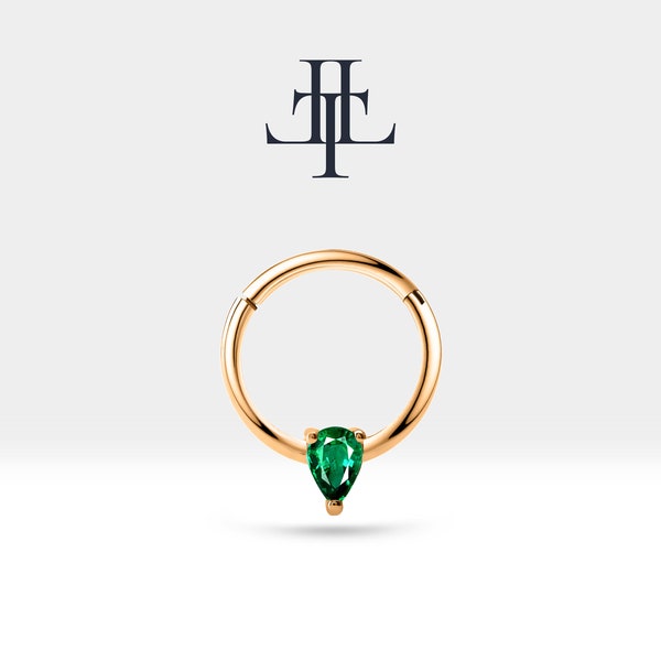 Cartilage Hoop , Pear Cut Emerald Clicker Piercing ,  Prong Setting Single Earring , 14K Solid Gold , 18G(1.00 mm) | LC00012E