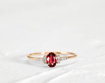 Rings For Women Engagement Ring in 14K Solid Gold with Oval Ruby Ring Straight Shank Multi Stone Ring | LR00054DR