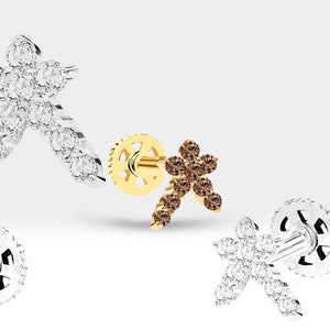 Starburst-piercing met bruine diamantkraakbeentraguspiercing in 14K massief gouden hemelse oorbellen 6-8 mm staaflengte | LP00002BD