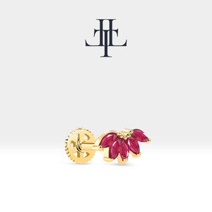 Lotus Cartilage Tragus Piercing,Marquise Cut Ruby Piercing in 14K White-Yellow-Rose Solid Gold,16G(1.2 mm),8mm Bar Length | LP00037R