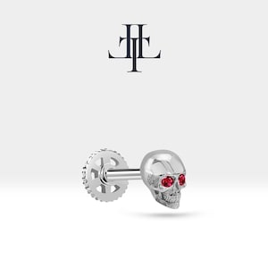 Piercing Clicker com Design de Caveira e Cartilagem Tragus Ruby, Piercing Daith Único em Ouro Maciço 14K, 16G (1,2 mm), Comprimento da Barra: 8 mm, LP00011R