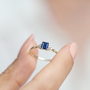 Princess Cut Blue Sapphire Dainty Ring with Diamonds in 14K Yellow Solid Gold Engagement Minimal Ring Multi-Stone Ring LR00061DS White Gold