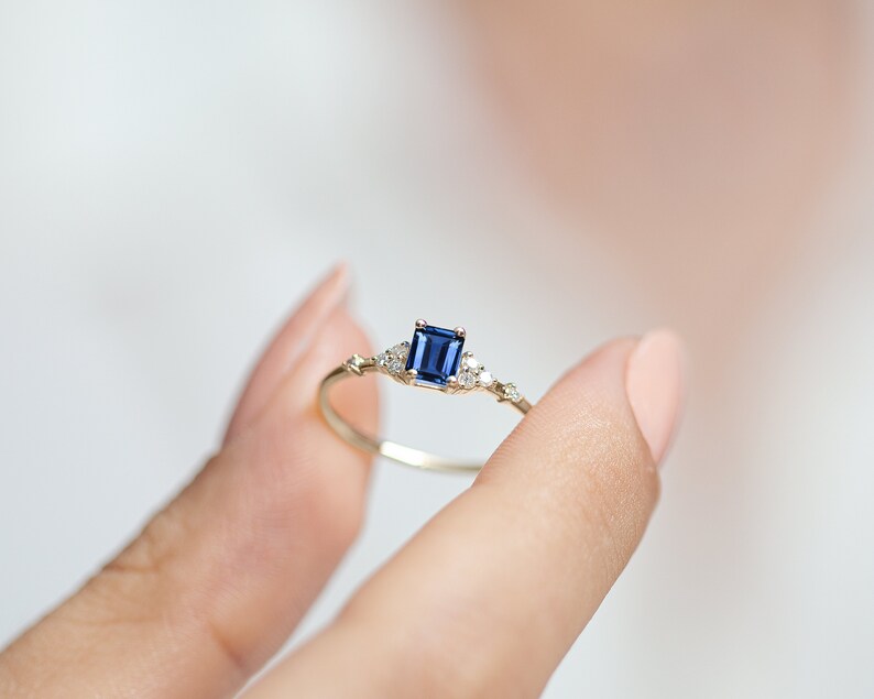 Princess Cut Blue Sapphire Dainty Ring with Diamonds in 14K Yellow Solid Gold Engagement Minimal Ring Multi-Stone Ring LR00061DS White Gold