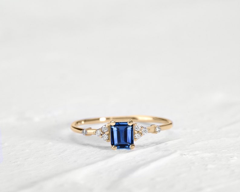 Princess Cut Blue Sapphire Dainty Ring with Diamonds in 14K Yellow Solid Gold Engagement Minimal Ring Multi-Stone Ring LR00061DS Rose Gold