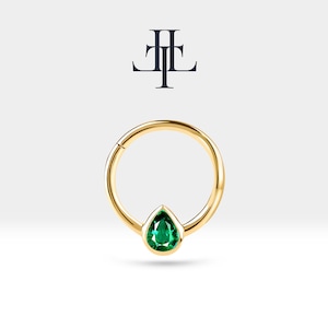 Argola de cartilagem, clicker de esmeralda com corte de pêra, brinco único, ouro maciço 14K, 16G (1,2 mm) | LC00043E