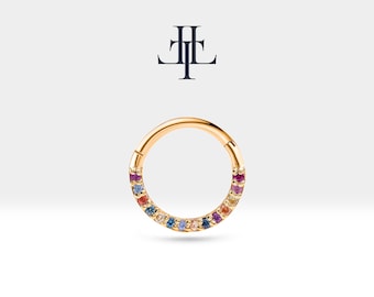 Cartilage Hoop Sequencing Rainbow Design Sapphire Piercing,14K Yellow-White-Rose Solid Gold,16G(1.2mm)10-12mm Outer Diameter, LC00002MS