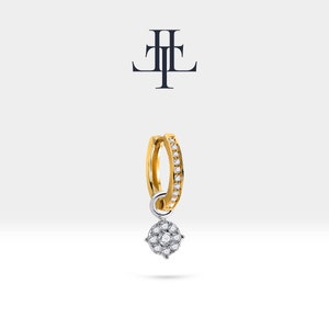 Dainty Floral Shaped Charm Huggie Hoop Earrings,Diamond  Dangle,14K Yellow Solid Gold,Eternity Shank Hoop Earring, LE00048D