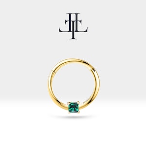 Cartilage Hoop Princess Cut Emerald Clicker Single Piercing in 14K Yellow-White-Rose Solid Gold Hoops 16G(1.2mm)10-12 mm Outer| LC00034E